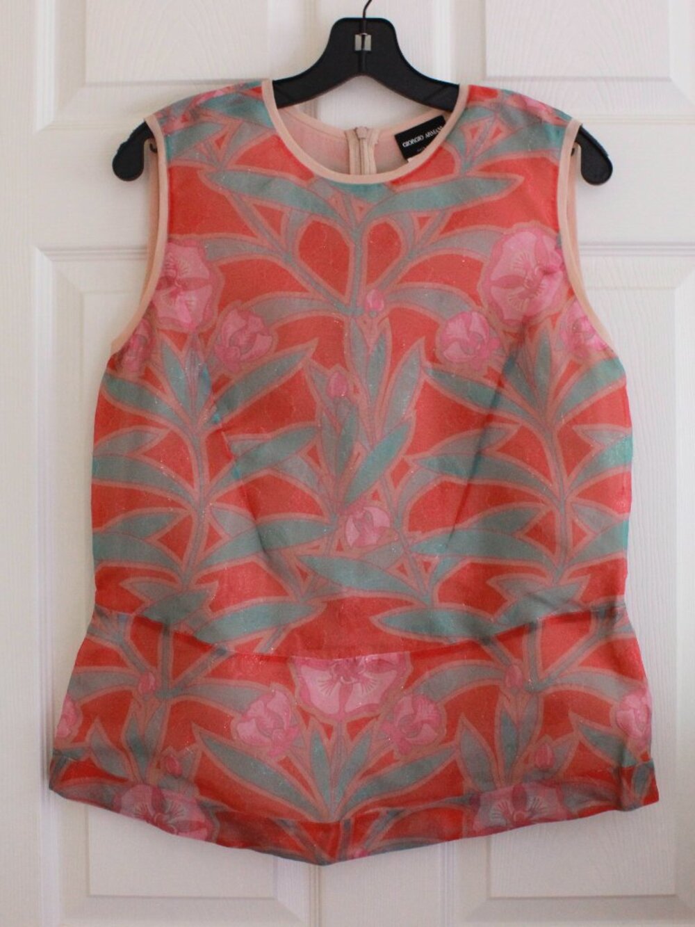 Vintage Giorgio Armani Silk Organza Peplum Floral Sleeveless Top Metallic